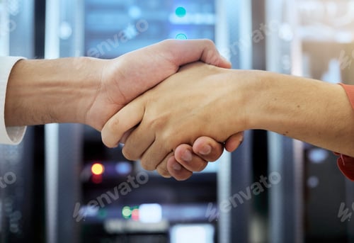 Preview: Handshake, partnership and teamwork of server room of data center workers shaking hands for achieve