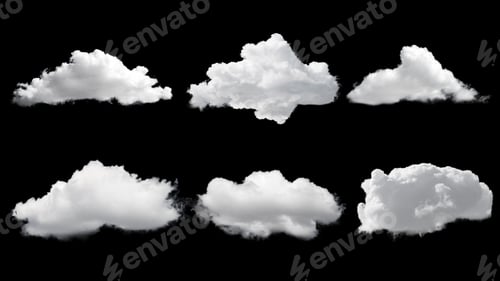 Preview: White clouds isolated on black background. Set of beautiful quality clouds. Cloud pack