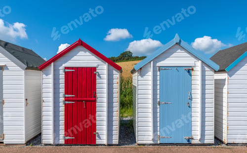 Preview: Colorful small beach houses. Multicolored beach sheds. Variety of painted beach shacks. Beach huts.