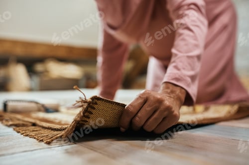 Preview: Close-up of religious woman placing Muslim prayer mat at home.