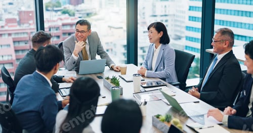 Preview: Employees, finance and office meeting for review, communication and teamwork in Japan. Business peo