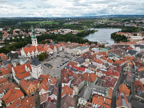 Preview: Aerial view of the Tabor city buildings with red roofs, Czech Republic