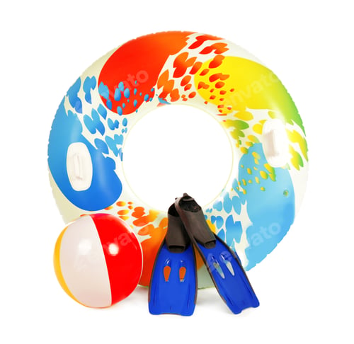 Preview: Bright inflatable ring, beach ball and flippers on white background