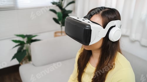 Preview: Woman Using VR Headset in Modern Home