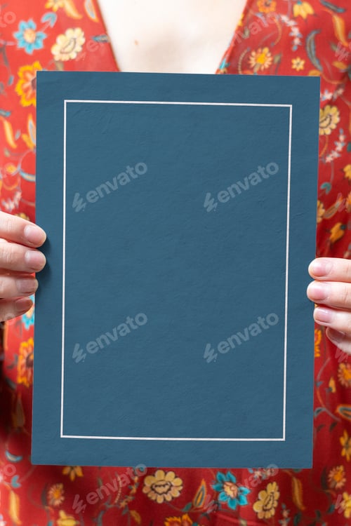 Preview: Woman holding a blue framed card mockup