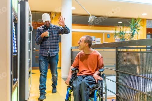 Preview: Man with disability and colleague chatting next to vending machine
