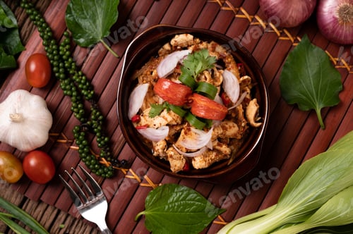 Preview: Chicken Larb on the plate With dried chilies, tomatoes, spring onions and lettuce.