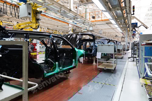 Preview: Photo of automobile production line. Welding car body. Modern car assembly plant. Auto industry