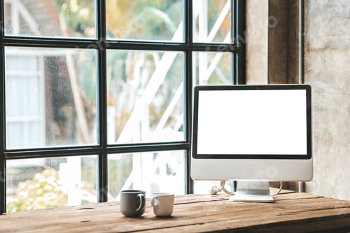 Preview: startup company desk, blank computer screen, empty office.
