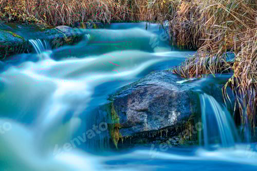 Preview: Stream runs among white wet stones covered with grass in golden autumn