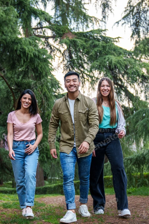Preview: Three Friends Enjoying a Relaxed Walk in a Lush Park, Smiling