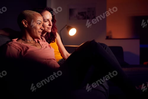 Preview: Loving Same Sex Female Couple Sitting On Sofa At Home Watching Evening TV And Relaxing Together