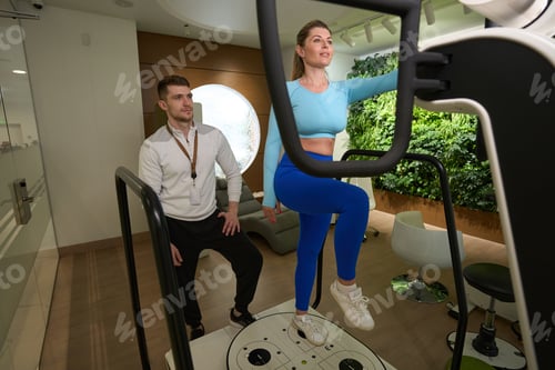 Preview: Attractive woman doing exercises in modern room