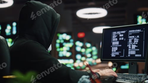 Preview: Anonymous hacker breaking data servers at night room closeup. Man looking camera
