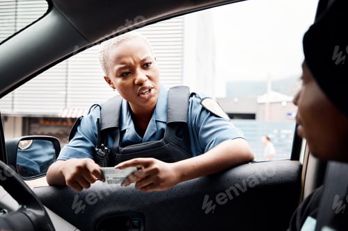 Preview: Talking, drivers license or police officer in city to check info for law enforcement, protection or