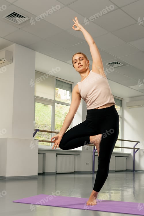 Preview: top shot in the studio of spiritual development master class on yoga a young girl in a bright room