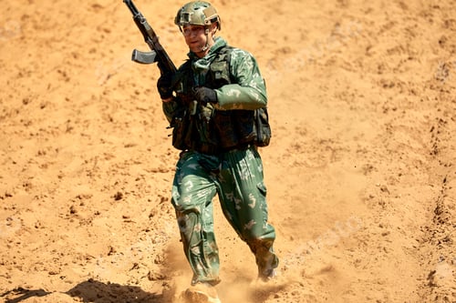 Preview: Soldiers game on military training ground, battle camp. Action. Operation Trainer giving training to