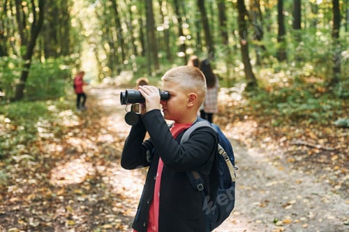 Preview: Discovering new places. Kids in green forest at summer daytime together