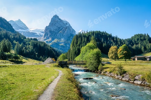 Preview: Rosenlaui with wellhorn swiss alps and Reichenbach river in summer at Switzerland