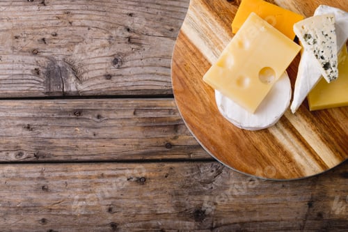 Preview: Overhead view of various cheese on wooden board at table, copy space