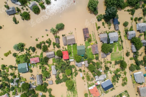 Preview: Aerial view of flooded houses with dirty water of Dnister river in Halych town, western Ukraine.