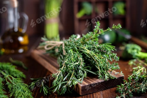 Preview: bunch of herbs, rosemary, thyme tied with rope in the kitchen