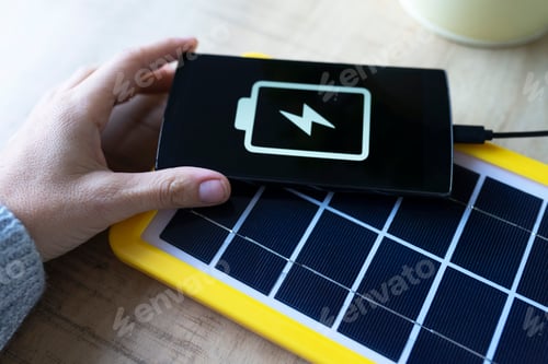 Preview: Renewable energy technology, solar panel charging a mobile phone battery