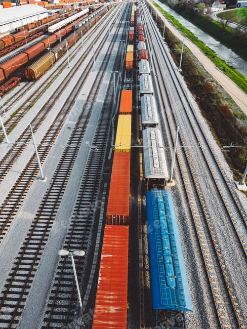 Preview: Vertical photo of colorful cargo trains in lines, standing still at the train station