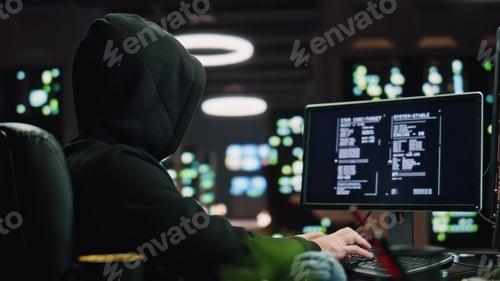 Preview: Hooded hacker breaking data servers at night closeup. Masked man pointing finger