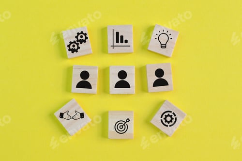 Preview: Wooden block with business success achievement and action plan symbols