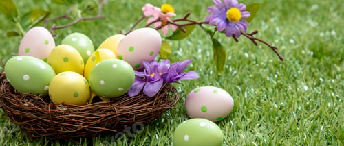 Preview: Happy Easter. Pastel colored eggs in a nest on green grass, close up view