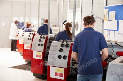 Preview: Foreman inspecting trainee engineers working in a factory