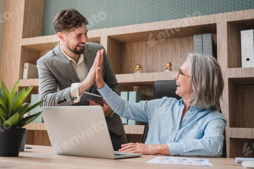 Preview: Business Team Celebrating Success with a High Five in the Office