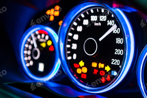 Preview: Modern car instrument panel dashboard with blue illuminated display and show all led signs, rev up.