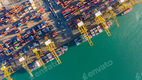 Preview: Container ship at industrial port import export global business worldwide logistic transportation.