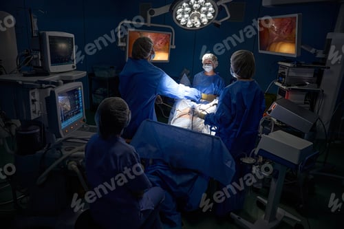 Preview: Doctors looking at image on monitor during laparoscopic surgery in hospital