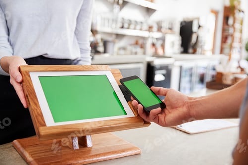 Preview: Customer making payment by smartphone at cafe, close up