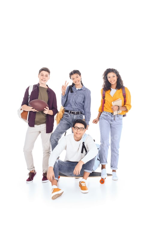 Preview: multiracial teenagers with backpacks and skateboard isolated on white