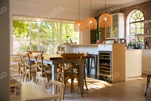 Preview: Interior Of Modern Home With Kitchen Area Counter With Dining Table