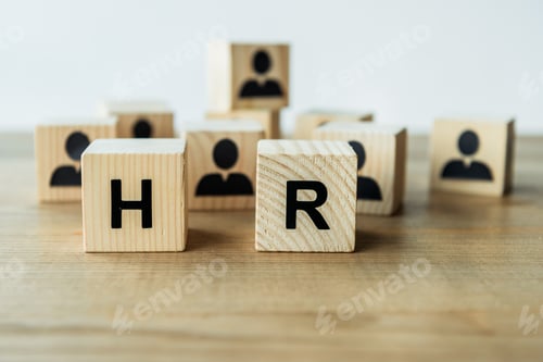 Preview: selective focus of hr lettering on wooden cubes on table