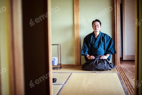 Preview: Japanese man wearing kimono kneeling on floor, on a tatami mat during tea ceremony.