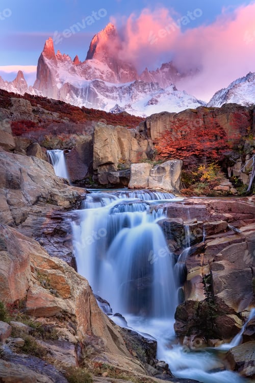 Preview: Amazing mount Fitz Roy and the waterfall at pink dawn, Los Glaciares National Park, Andes, Patagonia