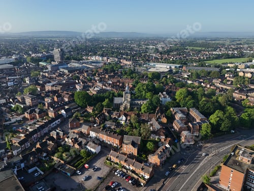 Preview: Aerial view of Aylesbury town center with Saint Mary's church on a sunny summer morning in the UK