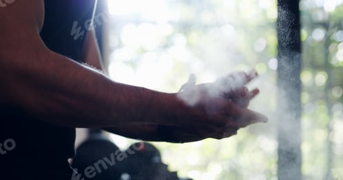 Preview: Man, clapping and hands with chalk for fitness, workout preparation or exercise at gym. Closeup, ma