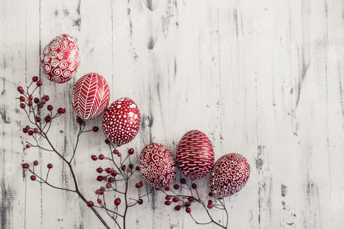 Preview: Decorated Easter eggs Pysanka on whitewashed wooden background