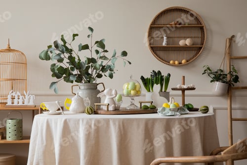 Preview: Warm and spring dining room interior with easter accessories, shelf on wall, round table,