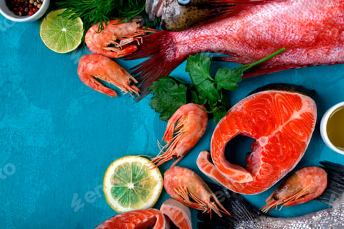 Preview: Fresh Seafood and Citrus on Blue Background