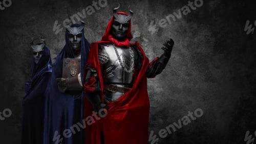 Preview: Dark cultists with robes and masks against dark background