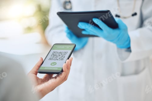 Preview: Digital covid vaccine qr code, phone immunity certificate and healthcare passport for medical docto