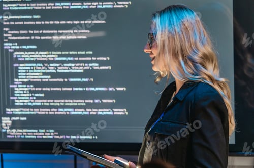 Preview: Female Software Engineer Presenting Code During Technical Meeting